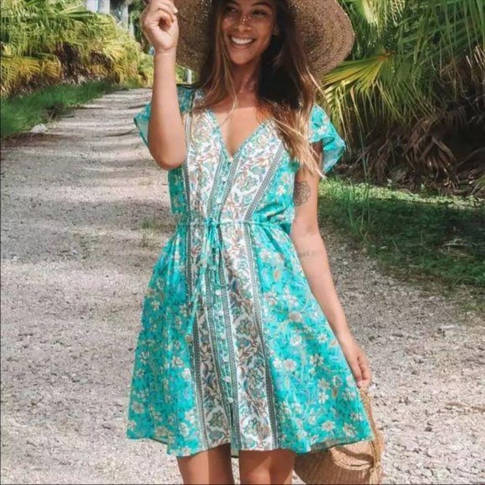 Boho Floral Gypsy Print Short Button Up Dress Blue - Picture 2 of 8